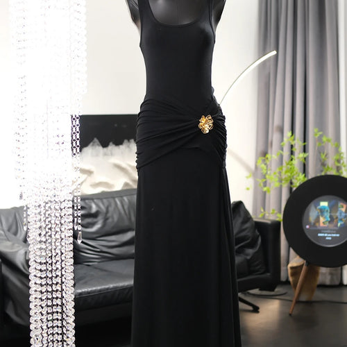 Load image into Gallery viewer, Solid Spliced Folds Slimming Dresses For Women Square Neck Sleeveless High Waist Temperament Long Dress Female New

