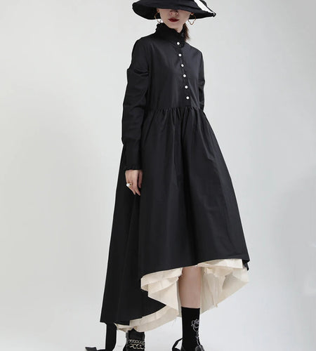 Women Black Layers Irregular Long Elegant Dress New Stand Collar Long Sleeve Fashion Tide Spring Autumn 2025 1DH9894