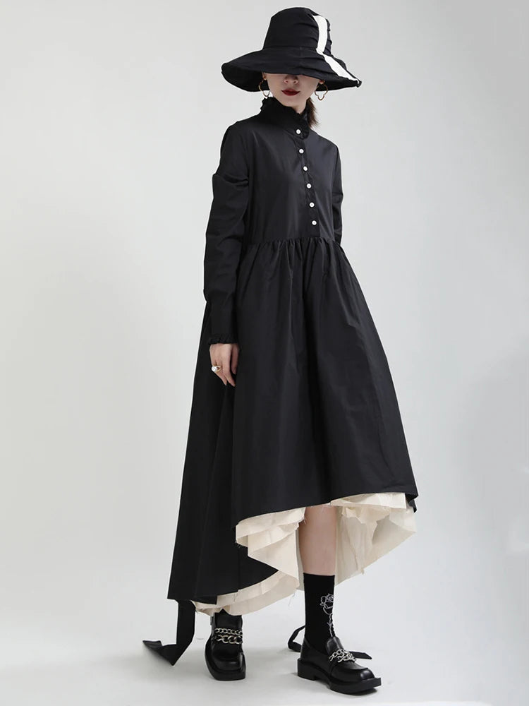 Women Black Layers Irregular Long Elegant Dress New Stand Collar Long Sleeve Fashion Tide Spring Autumn 2025 1DH9894