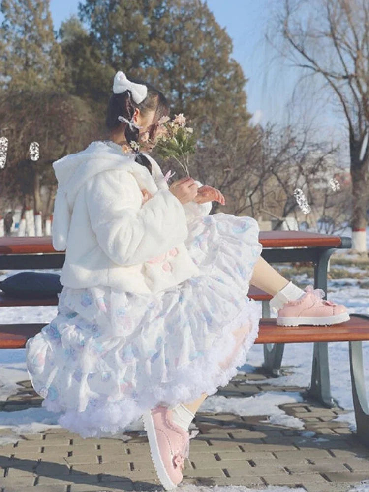 Lolita Fluffy Women Hooded Crop Coat 2025 Y2k Aesthetic Grunge Horn Toggle Button Jacket Rabbit Ear Harajuku Jackets Cute Tops