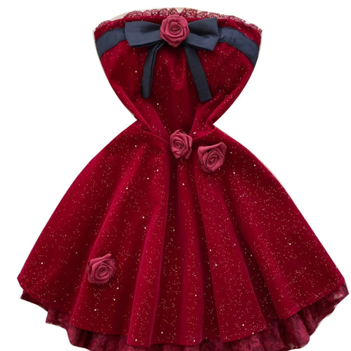 Load image into Gallery viewer, French Women Black Patchwork Bow Backless Birthday Party Strapless Short Dress Summer Red Velvet Flower Decorate Pleated Dresses
