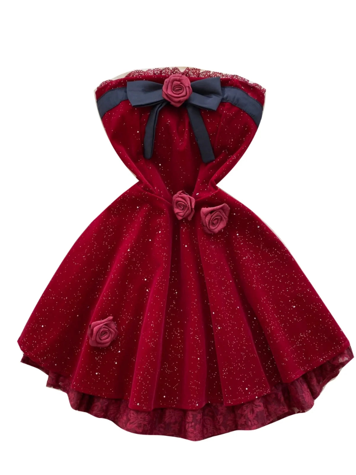 French Women Black Patchwork Bow Backless Birthday Party Strapless Short Dress Summer Red Velvet Flower Decorate Pleated Dresses