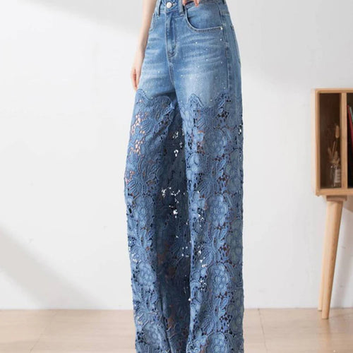 Load image into Gallery viewer, Solid Hollow Out Denim Pant For Women High Waist Patchwork Lace Casual Full Length Pants Female Fashion Clothes
