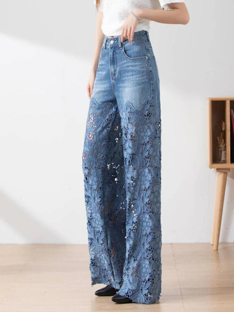 Solid Hollow Out Denim Pant For Women High Waist Patchwork Lace Casual Full Length Pants Female Fashion Clothes