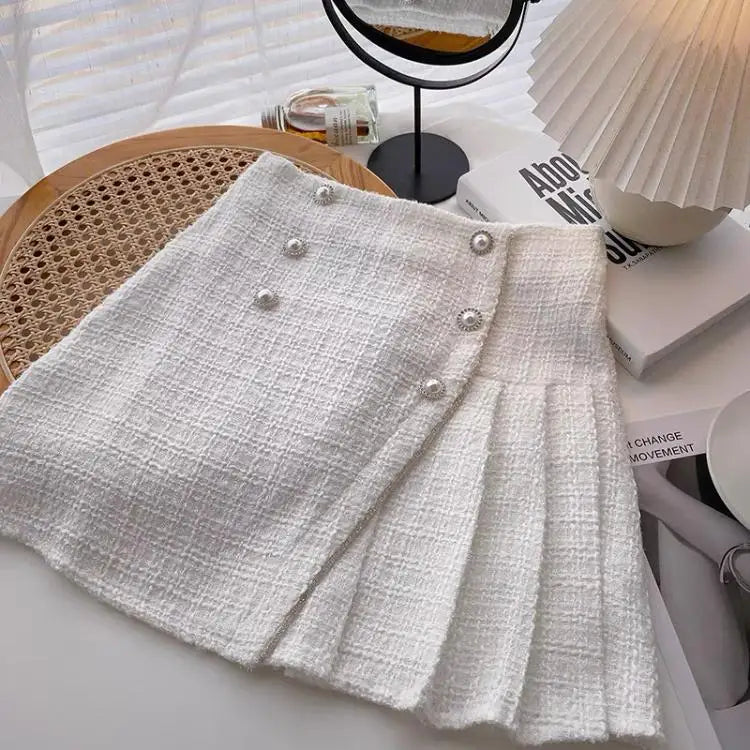 Autumn Winter Retro Plaid Slim Pleated A-line Woolen Half-length Skirt Womens Irregular Pearl Buckle High Waist Mini Tweed Skirt