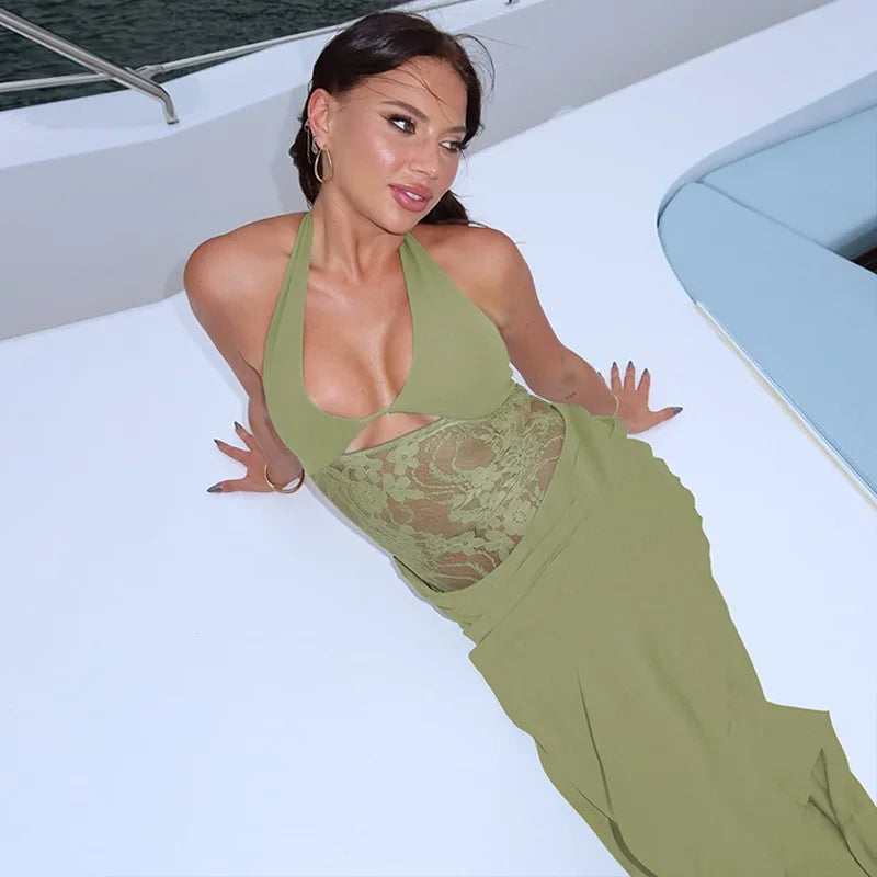 Sheer Lace Hollow Out Sexy Maxi Dress For Women Gown Halter Deep V Neck Sleeveless Backless Bodycon Long Dress