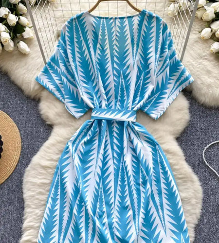 French Retro Women Blue Print V Neck Short Sleeved Festival Mini Dress Summer Elegant Bandage Vacation Party Dress Fashion Trend