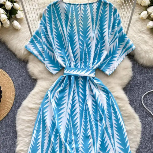 Load image into Gallery viewer, French Retro Women Blue Print V Neck Short Sleeved Festival Mini Dress Summer Elegant Bandage Vacation Party Dress Fashion Trend
