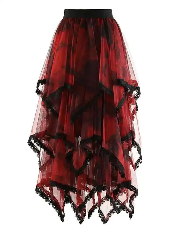 High Elastic Waist Red Irregular Lace Mesh A-line Midi Half-body Skirt Women Fashion Tide New Spring Autumn 2025 1DH9407