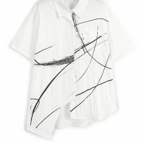 Load image into Gallery viewer, Women Black Irregular Printed Big Size Casual Blouse New Lapel Short Sleeve Shirt Fashion Tide Spring Summer 2025 1DJ1580
