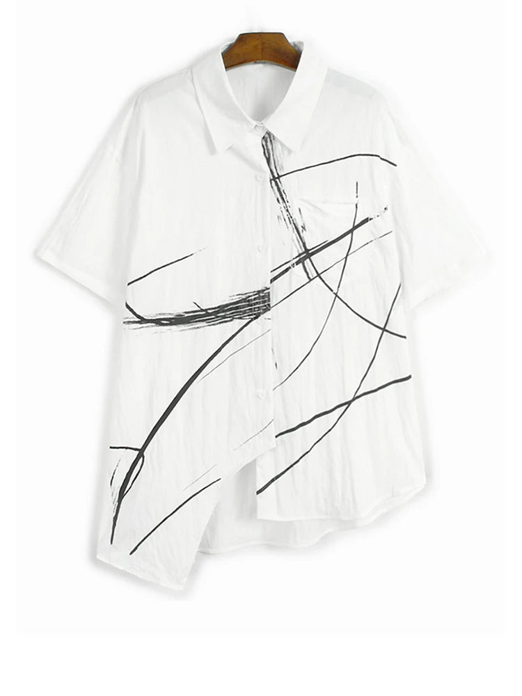 Women Black Irregular Printed Big Size Casual Blouse New Lapel Short Sleeve Shirt Fashion Tide Spring Summer 2025 1DJ1580