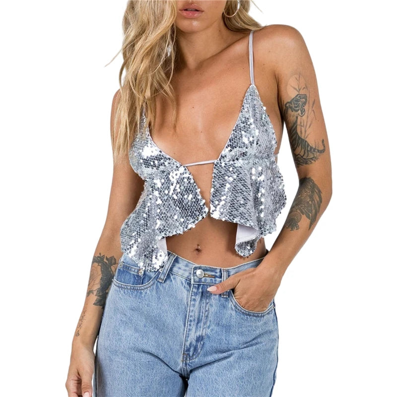 Sparkle Crop Tops for Women y2k Vest Sequin Spaghetti Strap Sleeveless Camisole Tie Up Backless Shirts 2000s Clubwear