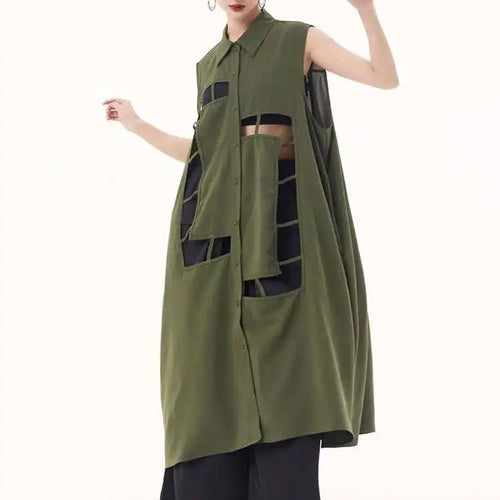Load image into Gallery viewer, Women Army Green Hollow Out Big Size Midi Casual Dress New Lapel Sleeveless Fashion Tide Spring Summer 2025 1DH9512
