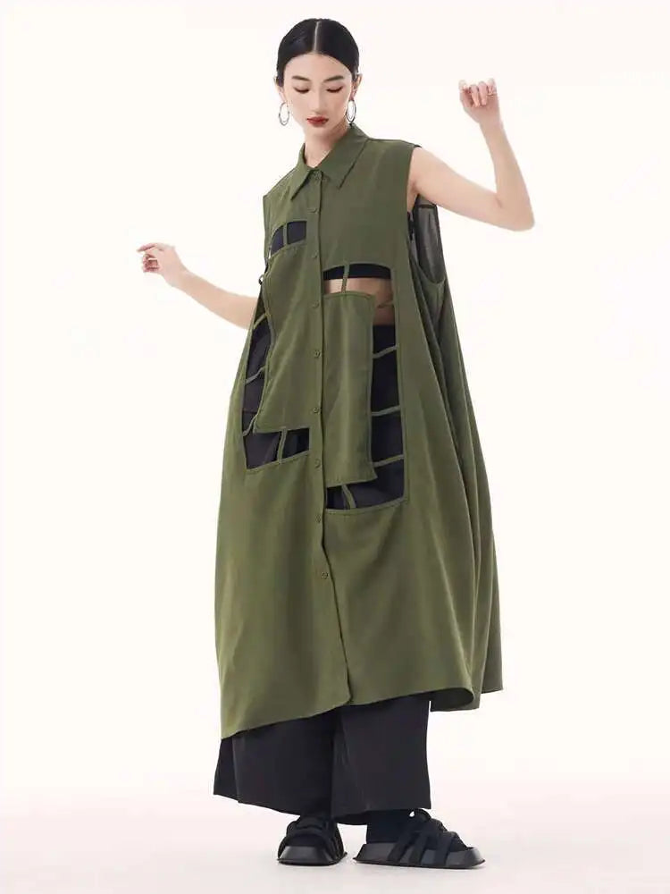 Women Army Green Hollow Out Big Size Midi Casual Dress New Lapel Sleeveless Fashion Tide Spring Summer 2025 1DH9512