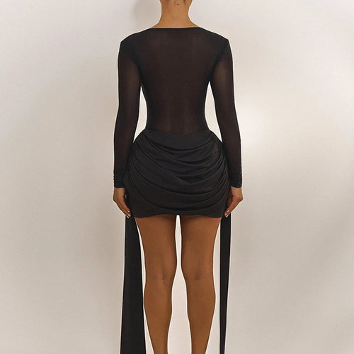 Load image into Gallery viewer, Mesh Patchwork Elegant Women Mini Dress Autumn Sexy Ribbons Long Sleeve Ruched Package Hip Bodycon Dresses Partywear Robe
