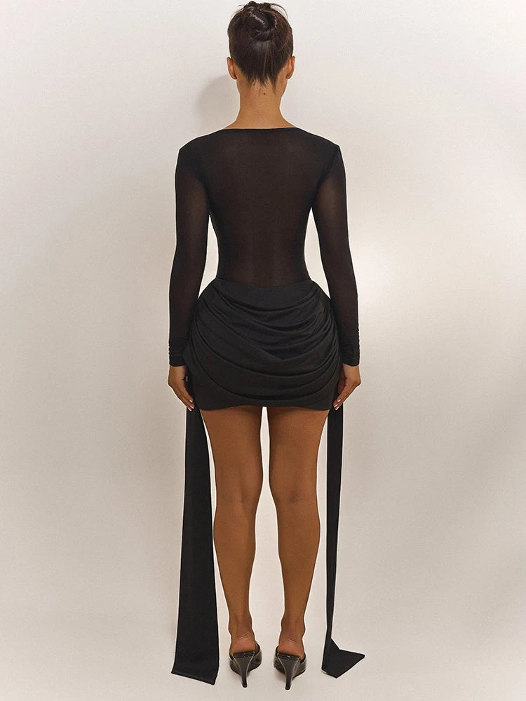 Mesh Patchwork Elegant Women Mini Dress Autumn Sexy Ribbons Long Sleeve Ruched Package Hip Bodycon Dresses Partywear Robe