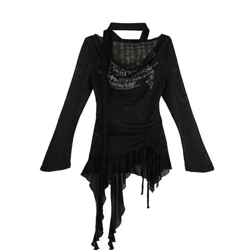 Load image into Gallery viewer, Vintage Patchwork Irregular Ruffled Tops Women Slash Neck Harajuku Drawstring Tshirts Y2k Aesthetic Letter Print Grunge T-shirts
