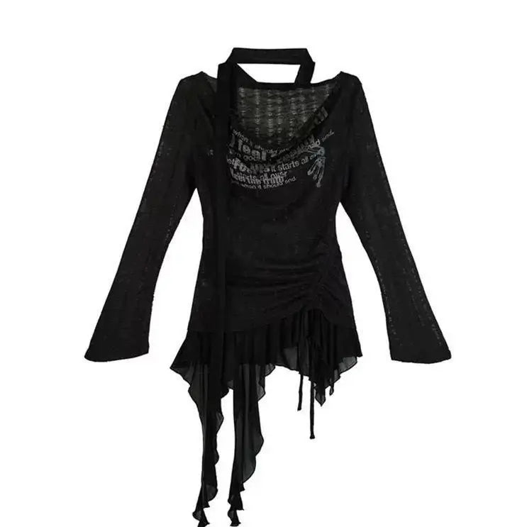 Vintage Patchwork Irregular Ruffled Tops Women Slash Neck Harajuku Drawstring Tshirts Y2k Aesthetic Letter Print Grunge T-shirts