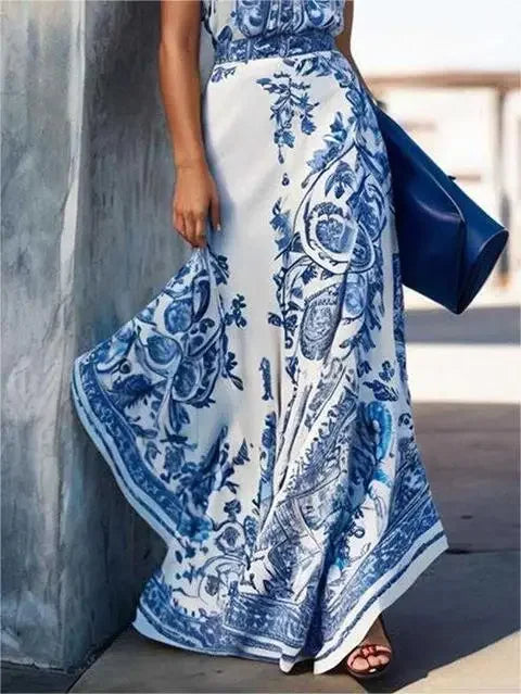 Women Beach Vacation Flower Print Maxi Dresses 2025 New Halterneck Contrast Color Boho A-line Long Dresses for Woman