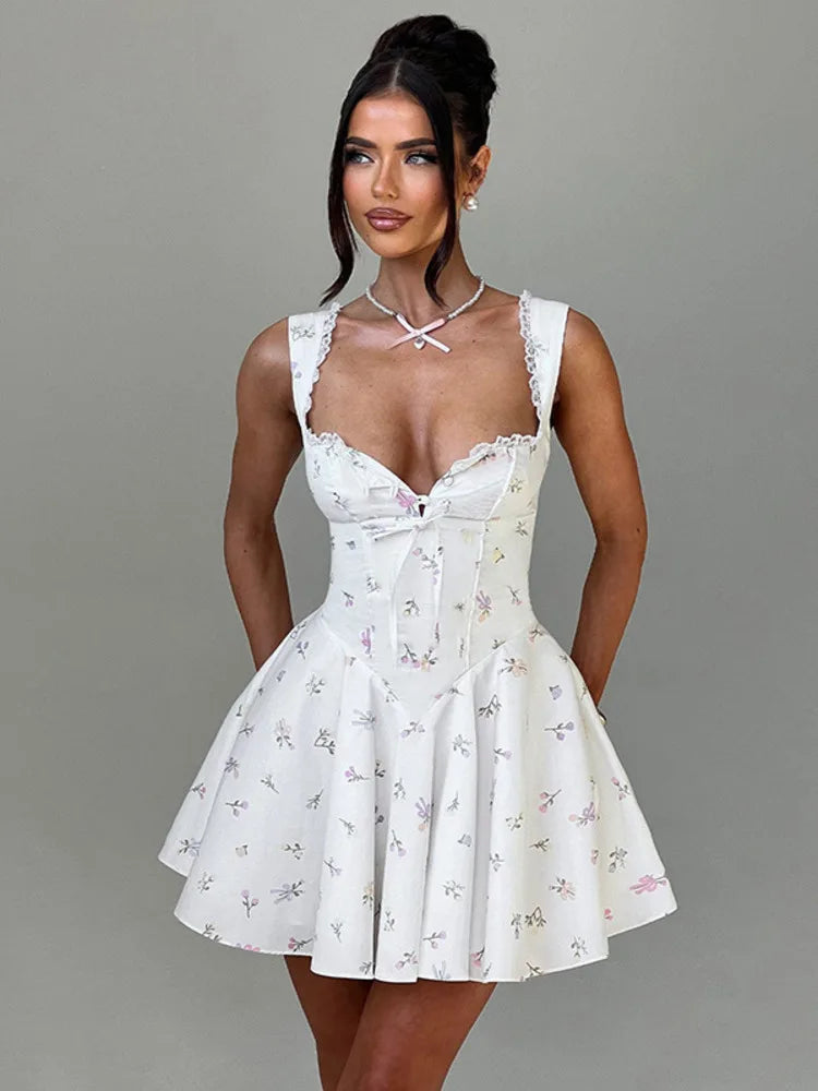 Sexy Sleeveless Deep V Backless Pleated Women Dress 2024 Autumn New Hip Skirt Bodycon Sexy Slim Fit Printed Lace Dress