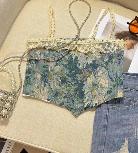 Retro Lace Painting Flower Print Tank Tops Summer Camisole Women's Elegant Slim Asymmetrical Short Slip Vest Sexy Club Y2k Boho