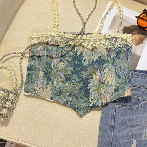 Load image into Gallery viewer, Retro Lace Painting Flower Print Tank Tops Summer Camisole Women's Elegant Slim Asymmetrical Short Slip Vest Sexy Club Y2k Boho
