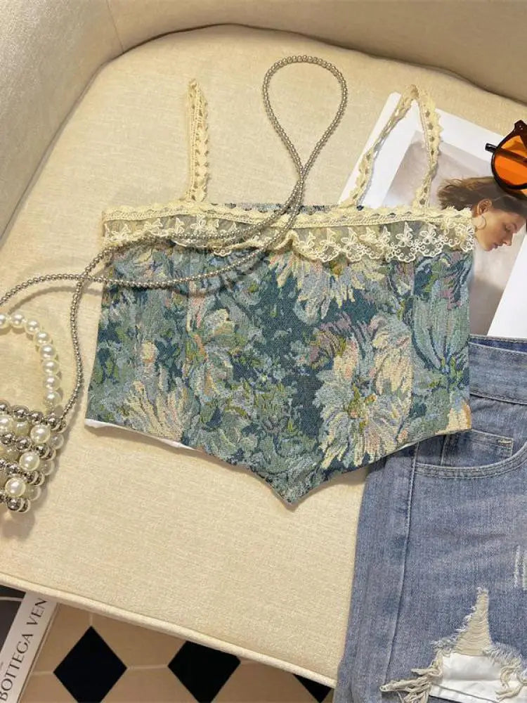 Retro Lace Painting Flower Print Tank Tops Summer Camisole Women's Elegant Slim Asymmetrical Short Slip Vest Sexy Club Y2k Boho