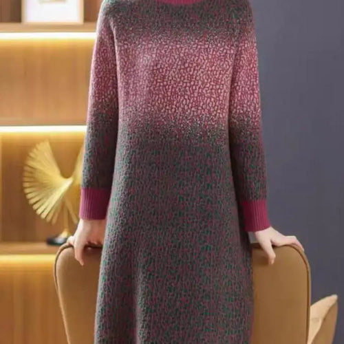 Load image into Gallery viewer, Green Gradient Loose Oversized Midi Knitted Dress Women Red Patchwork Long Sleeve Autumn Winter Thick Temperament Sweater Dress
