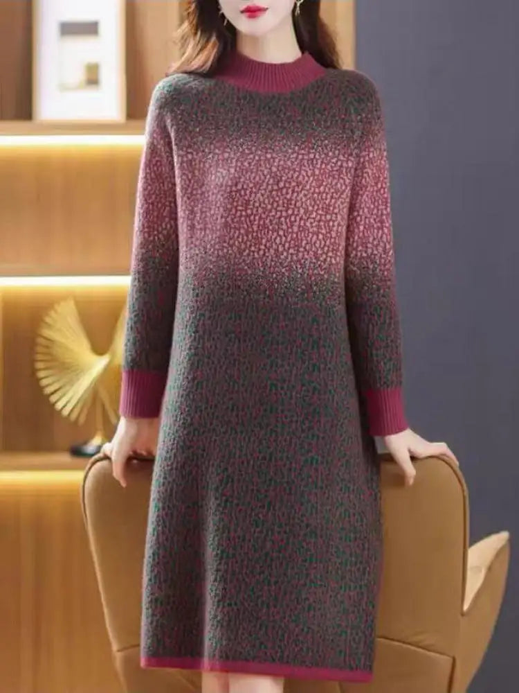 Green Gradient Loose Oversized Midi Knitted Dress Women Red Patchwork Long Sleeve Autumn Winter Thick Temperament Sweater Dress