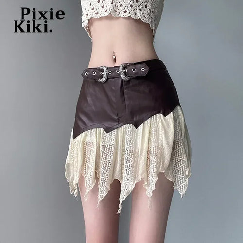 Load image into Gallery viewer, Y2k Style Mini Skirts for Woman Metal Buckle Belted PU Leather Lace Patchwork Irregular Skirt Fairy Grunge P67-DI20
