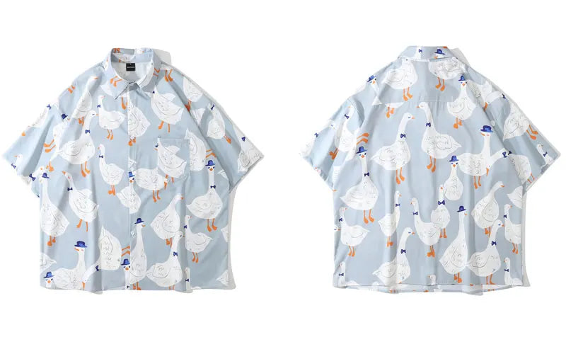 Summer Hawaiian Shirts Funny Retro Duck Print Short Sleeve Pocket Tropical Beach Shirts Harajuku Fashion Loose Button Up Shirt