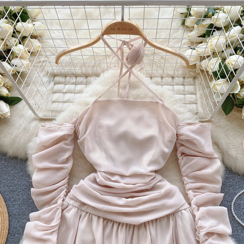 Load image into Gallery viewer, Autumn Pink Halter Bandage Mini Dress Women Sexy Club Temperament New Off Shoulder Korean Fashion Irregular Pleated Short Dress
