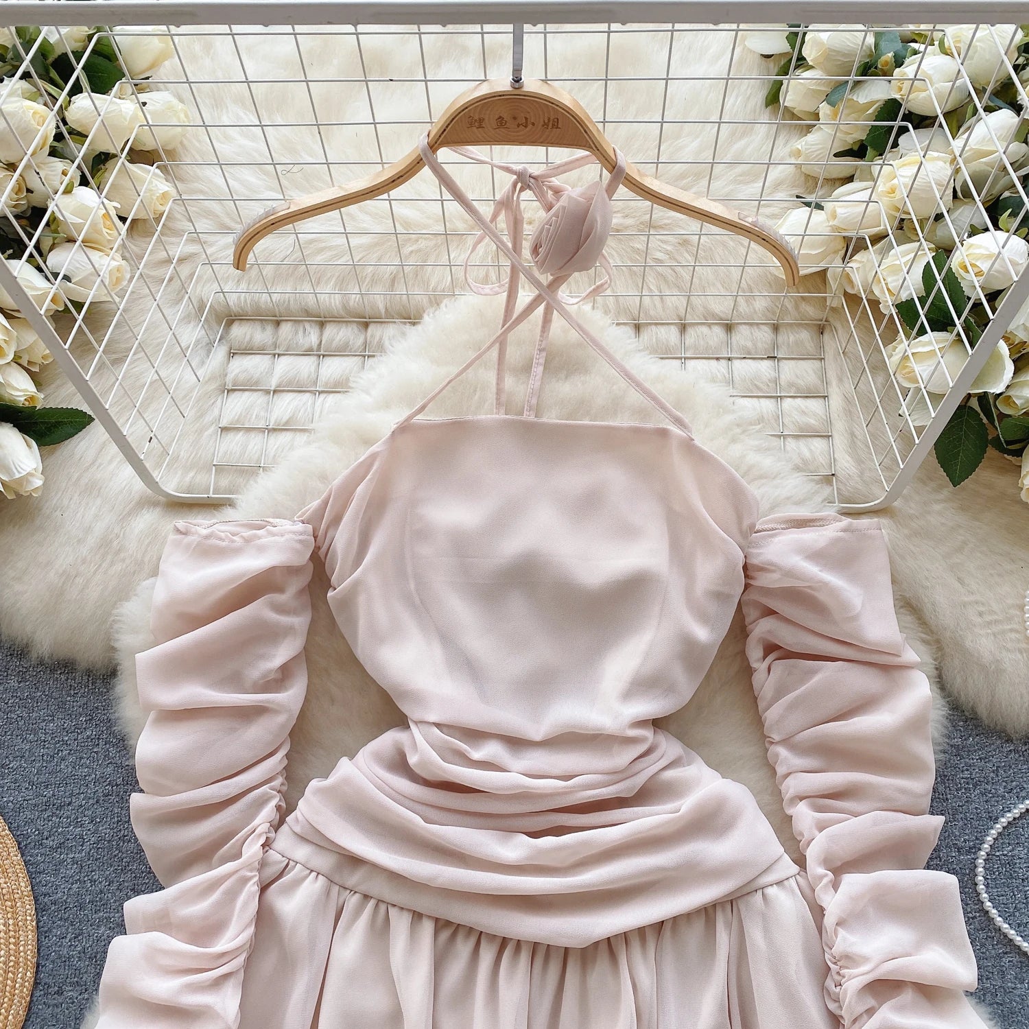 Autumn Pink Halter Bandage Mini Dress Women Sexy Club Temperament New Off Shoulder Korean Fashion Irregular Pleated Short Dress