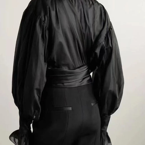 Load image into Gallery viewer, Solid Spliced Fungus Folds Elegant Blouses for Women V Neck Long Sleeves Temperament Blouse Female Fashion Clothing
