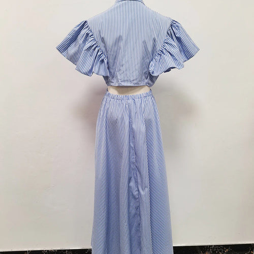 Load image into Gallery viewer, Hit Color Hollow Out Spliced Striped Fashion Dresses for Women Lapel Short Sleeves Patchwork Button Dress Female
