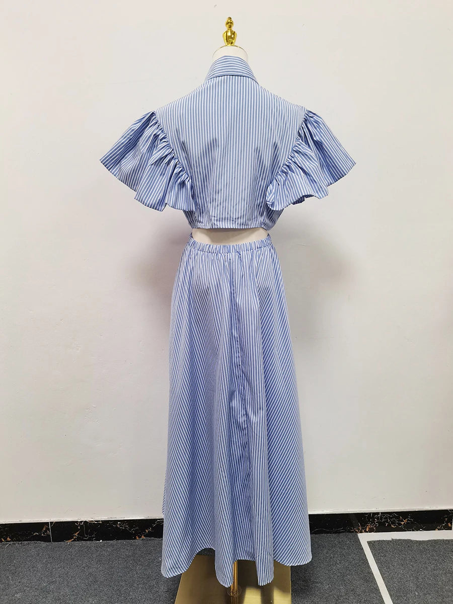 Hit Color Hollow Out Spliced Striped Fashion Dresses for Women Lapel Short Sleeves Patchwork Button Dress Female