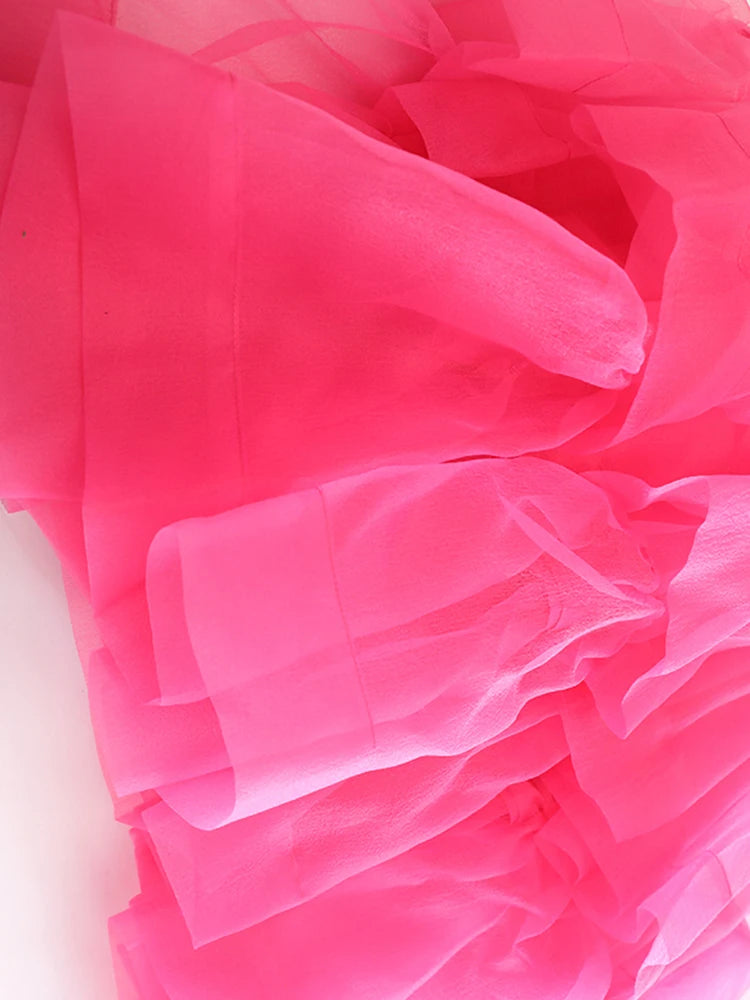 High Elastic Waist Rose Red Duoble Layers Organza Pleated Half-body Skirt Women Fashion New Spring Autumn 2025 1DJ0987