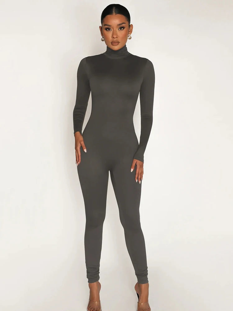 High Neck Long Sleeve Zipper Long Sleeve Jumpsuit Women Elastic Tight Casual Female Jumpsuit Temperament Outdoor Sporty