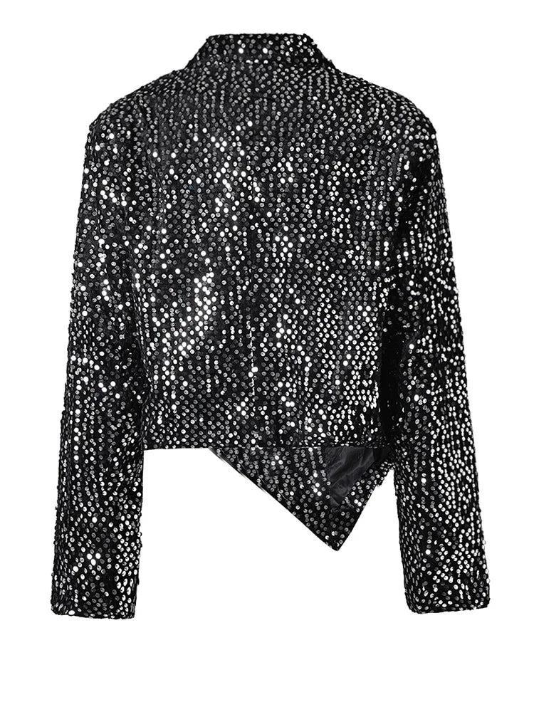 Women Black Irregular Hem Sequins Big Size Blazer New Lapel Long Sleeve Jacket Fashion Tide Spring Autumn 2025 CPG2606