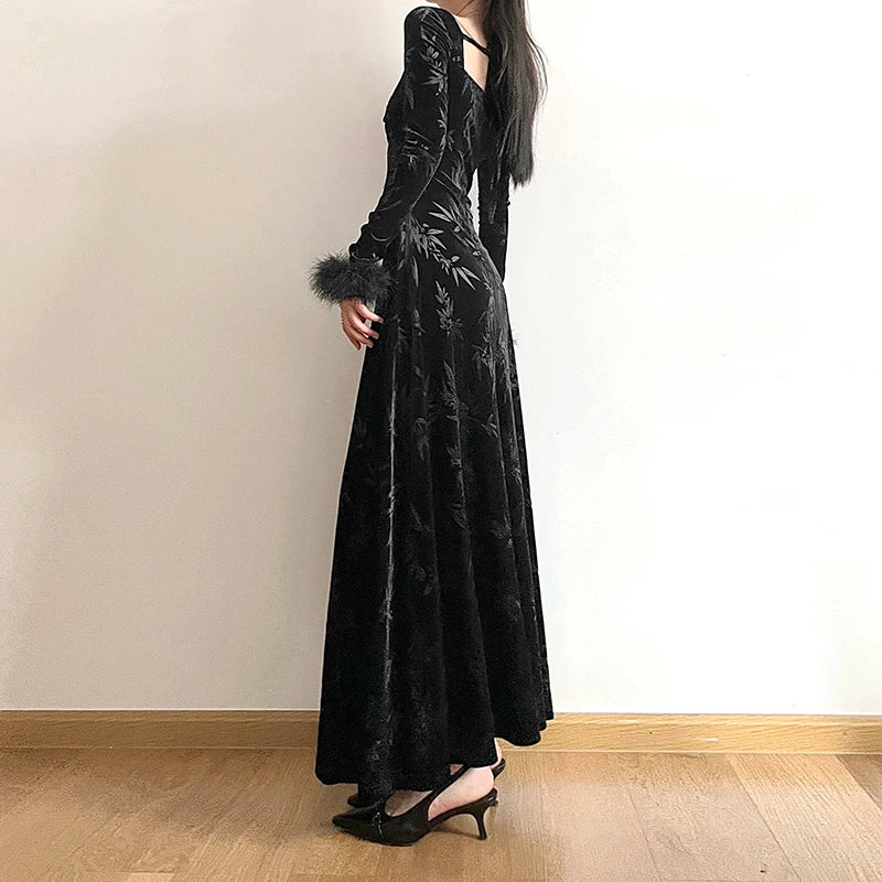 Fashion Elegant Jacquard Winter Dress Velour Faux Fur Trim A-Line Black Party Dress Evening Ladies Clothing Fold Slim