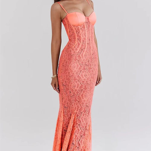 Load image into Gallery viewer, Floral Lace Sexy Maxi Dress For Women Orange Spaghetti Strap Sleeveless Backless Bodycon Club Party Long Dress Elegant
