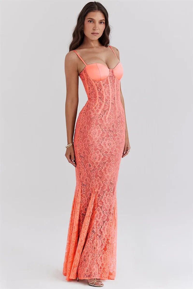 Floral Lace Sexy Maxi Dress For Women Orange Spaghetti Strap Sleeveless Backless Bodycon Club Party Long Dress Elegant