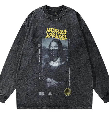 Vintage Oversize Tee Shirts Hip Hop Funny Mona Lisa Print Washed T-Shirt Streetwear Men Harajuku Cotton Loose Long Sleeve Tshirt