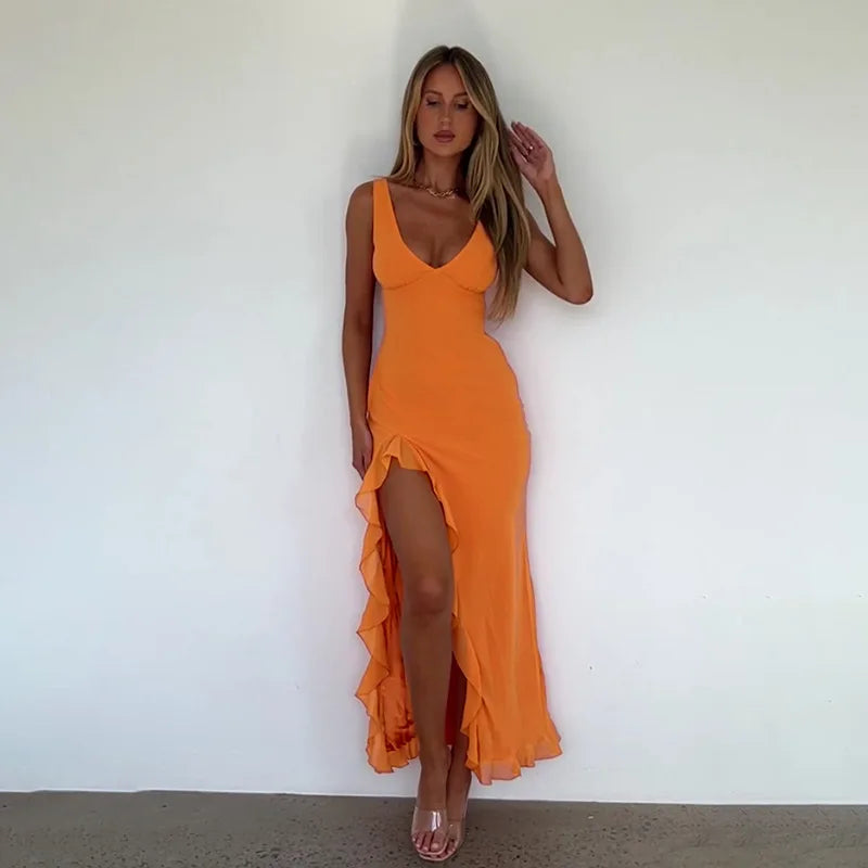 Elegant Sleeveless Ruffles Sexy Long Dress For Women Summer New Deep V Neck Backless Thigh High Split Maxi Dress