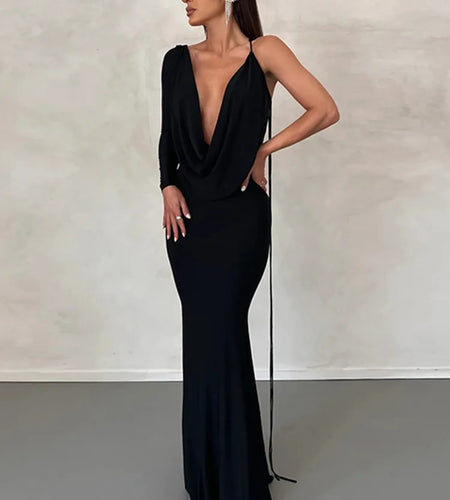 Elegant Backless Sexy Maxi Dress For Women Robe 2023 Spring New V Neck One Sleeve Lace-up Party Long Dress Vestido