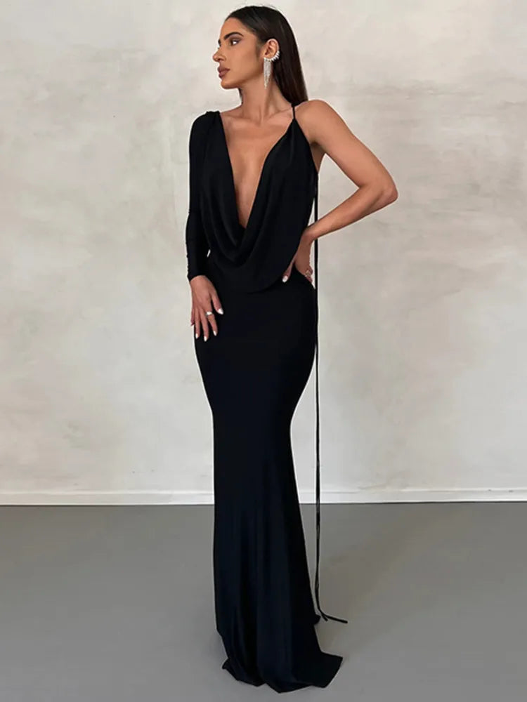 Elegant Backless Sexy Maxi Dress For Women Robe 2023 Spring New V Neck One Sleeve Lace-up Party Long Dress Vestido