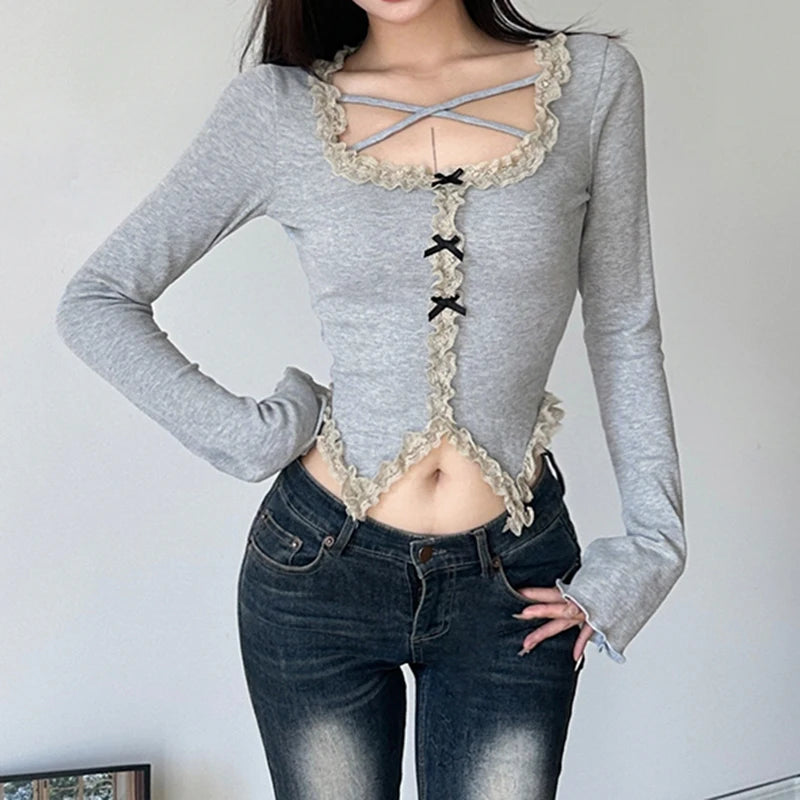 Japanese Y2K Bow Ruched Long Sleeve Tees Skinny Korean Sweet Autumn Tshirt Women Lace Spliced Cropped Top Cutecore