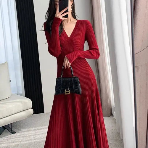 Load image into Gallery viewer, Black Sweet Sweater Midi Dress For Woman 2023 Casual Autumn Winter Knitted Korean V-neck Long Sleeve Elegance Red Dress Fashion
