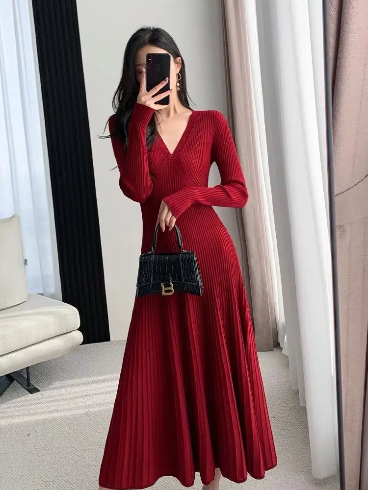 Black Sweet Sweater Midi Dress For Woman 2023 Casual Autumn Winter Knitted Korean V-neck Long Sleeve Elegance Red Dress Fashion