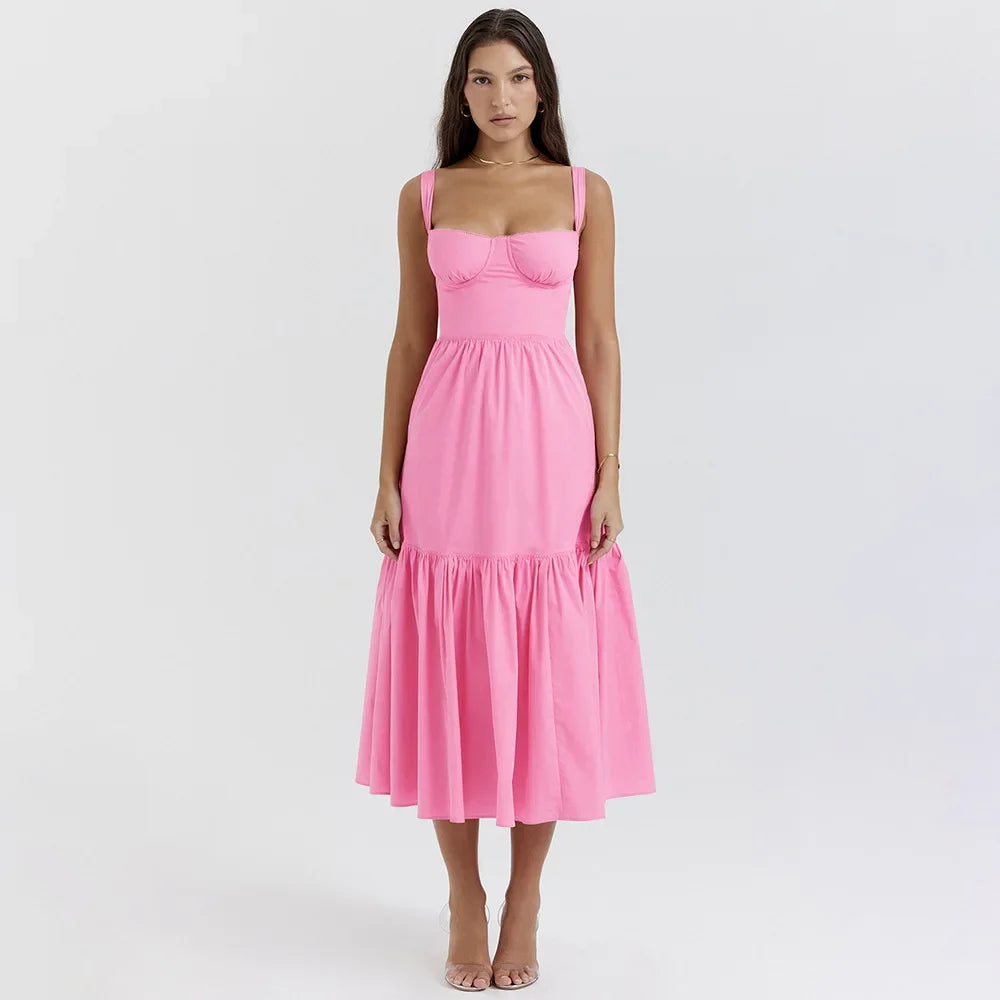 Summer Ruffle Hems Elegant Party Dresses 2024 Causal Floral Print Fit and Flare Dress with Pocket Women Midi Dress